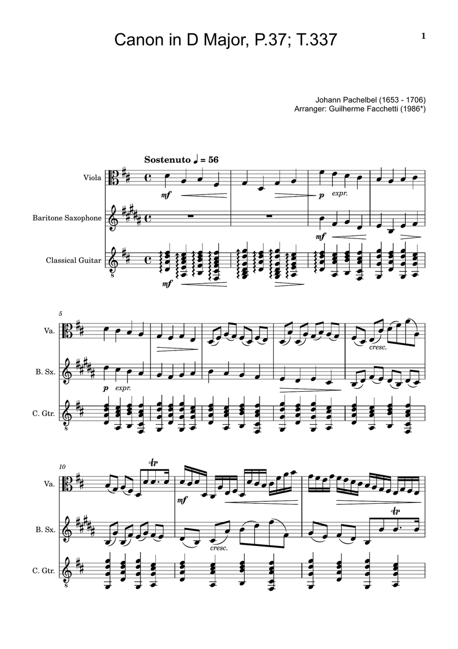 Canon in D Major, P.37; T.337. Arranged for Viola, Baritone Saxophone and Guitar. Score and Parts Chamber Music scores gallery preview page 1