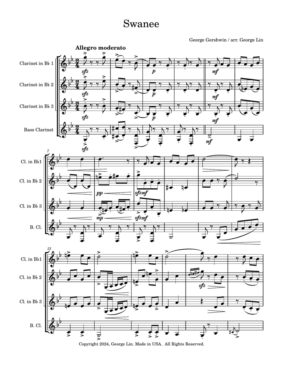 Swanee (George Gershwin). Arranged for Clarinet Quartet (3Bb + Bass Clarinet) Clarinet Quartet scores gallery preview page 1