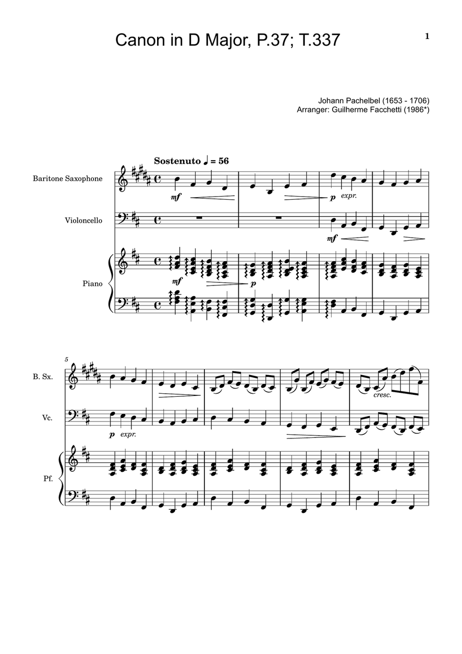 Canon in D Major, P.37; T.337. Arranged for Baritone Saxophone, Cello, and Piano. Score and Parts Chamber Music scores gallery preview page 1