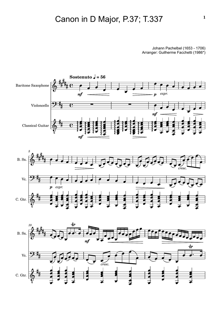 Canon in D Major, P.37; T.337. Arranged for Baritone Saxophone, Cello, and Guitar. Score and Parts Chamber Music scores gallery preview page 1