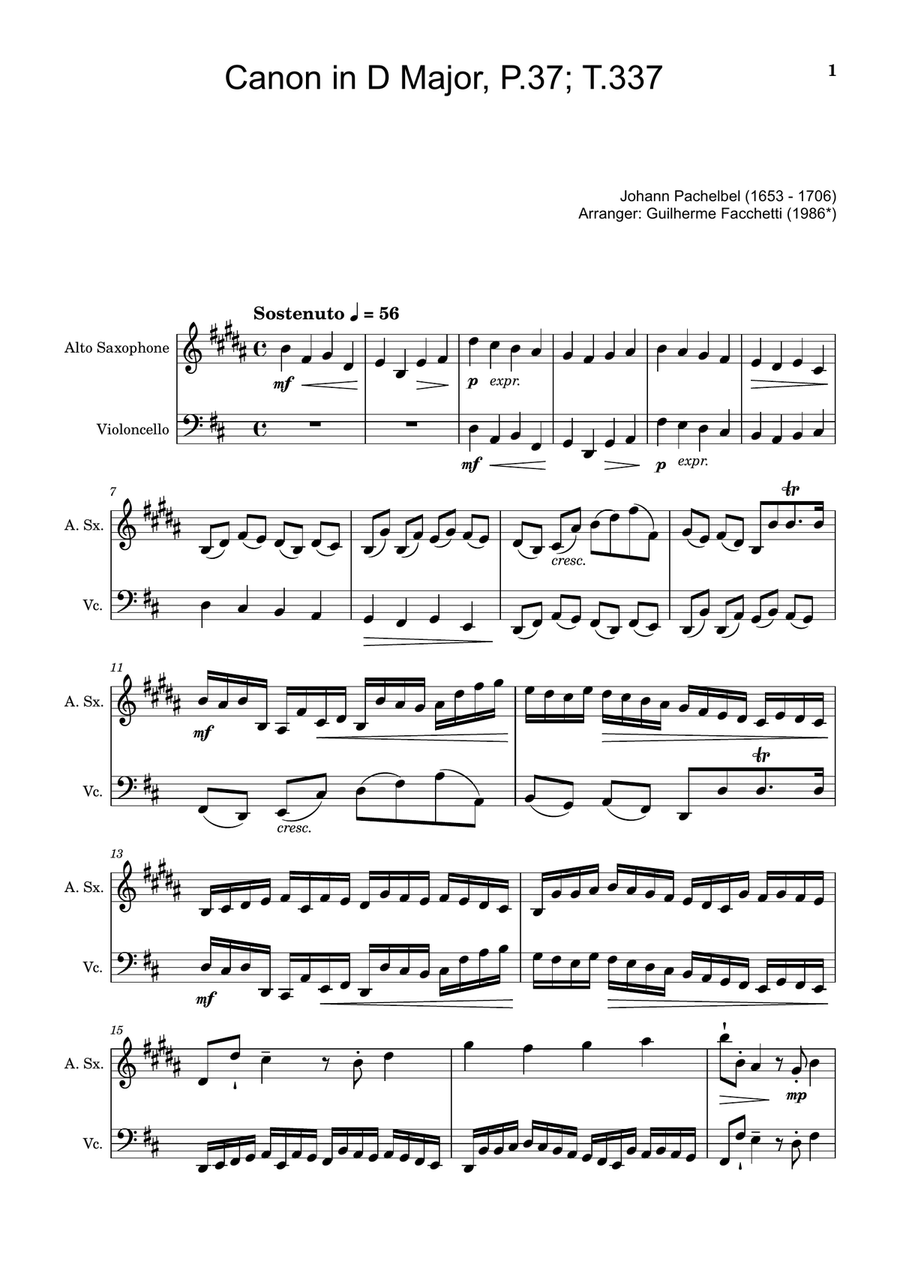 Canon in D Major, P.37; T.337. A. Sax and Cello. Chamber Music scores gallery preview page 1