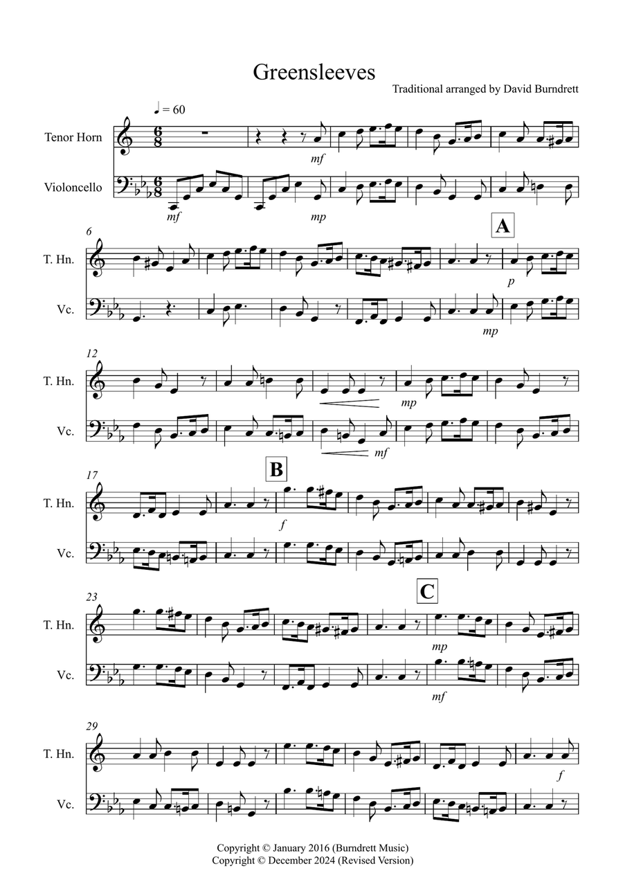 Greensleeves for Tenor Horn and Cello Duet Horn scores gallery preview page 1