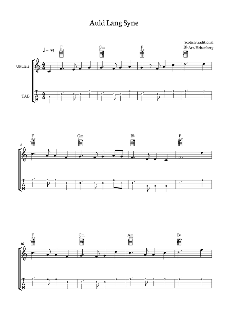 Auld Lang Syne for Ukelele with tab and chords Ukulele scores gallery preview page 1