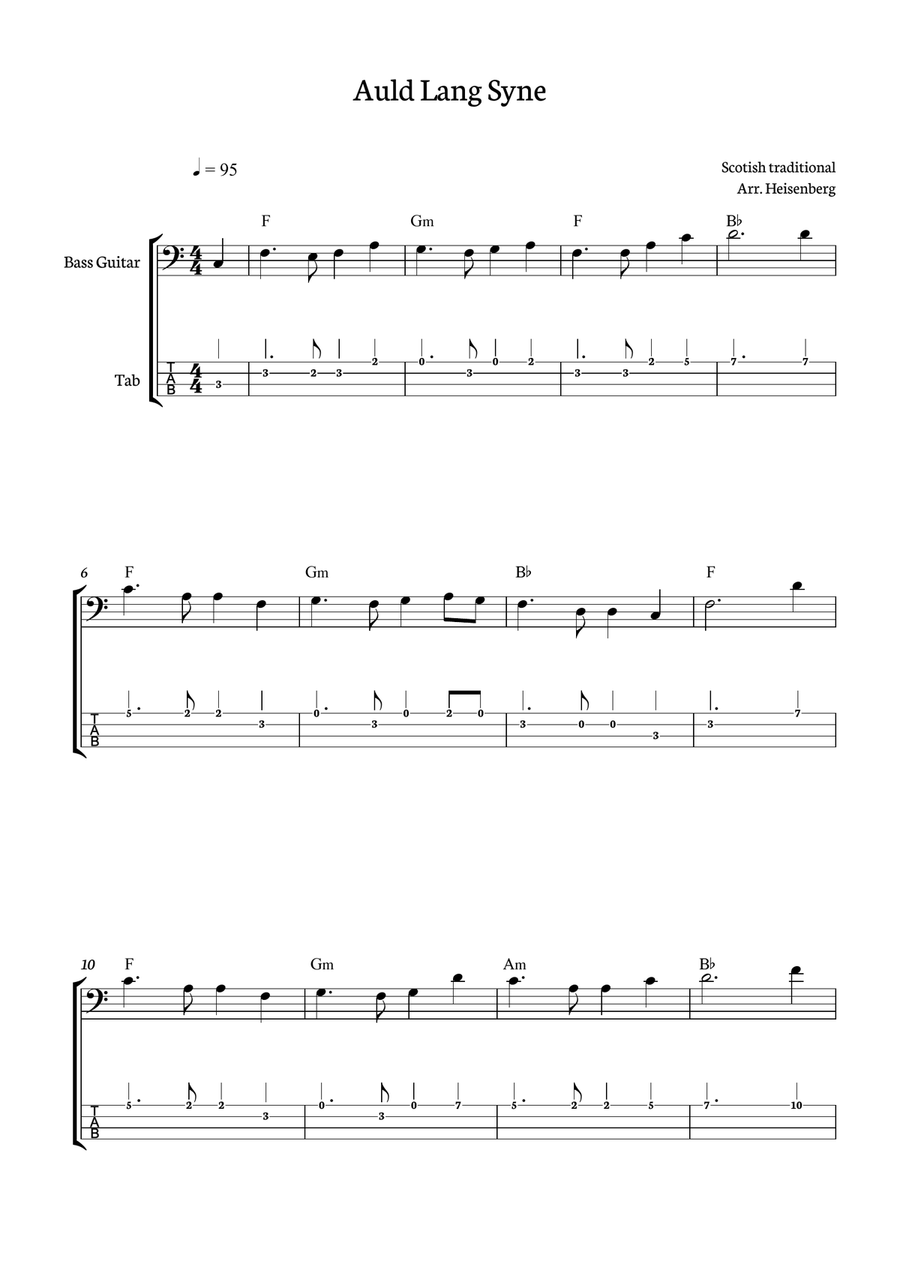 Auld Lang Syne for Bass with tab and chords Acoustic Guitar scores gallery preview page 1