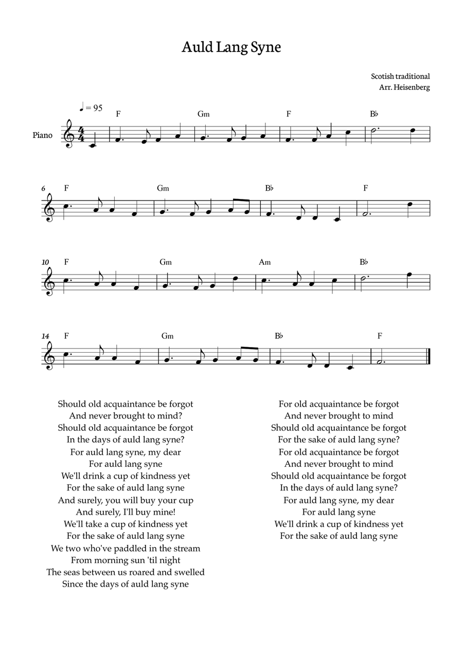 Auld Lang Syne for piano (one hand) with chords Easy Piano scores gallery preview page 1