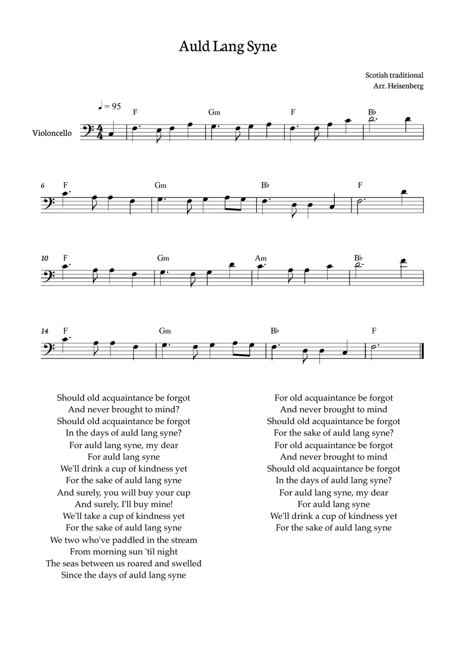 Auld Lang Syne for Cello with chords Cello Solo scores gallery preview page 1