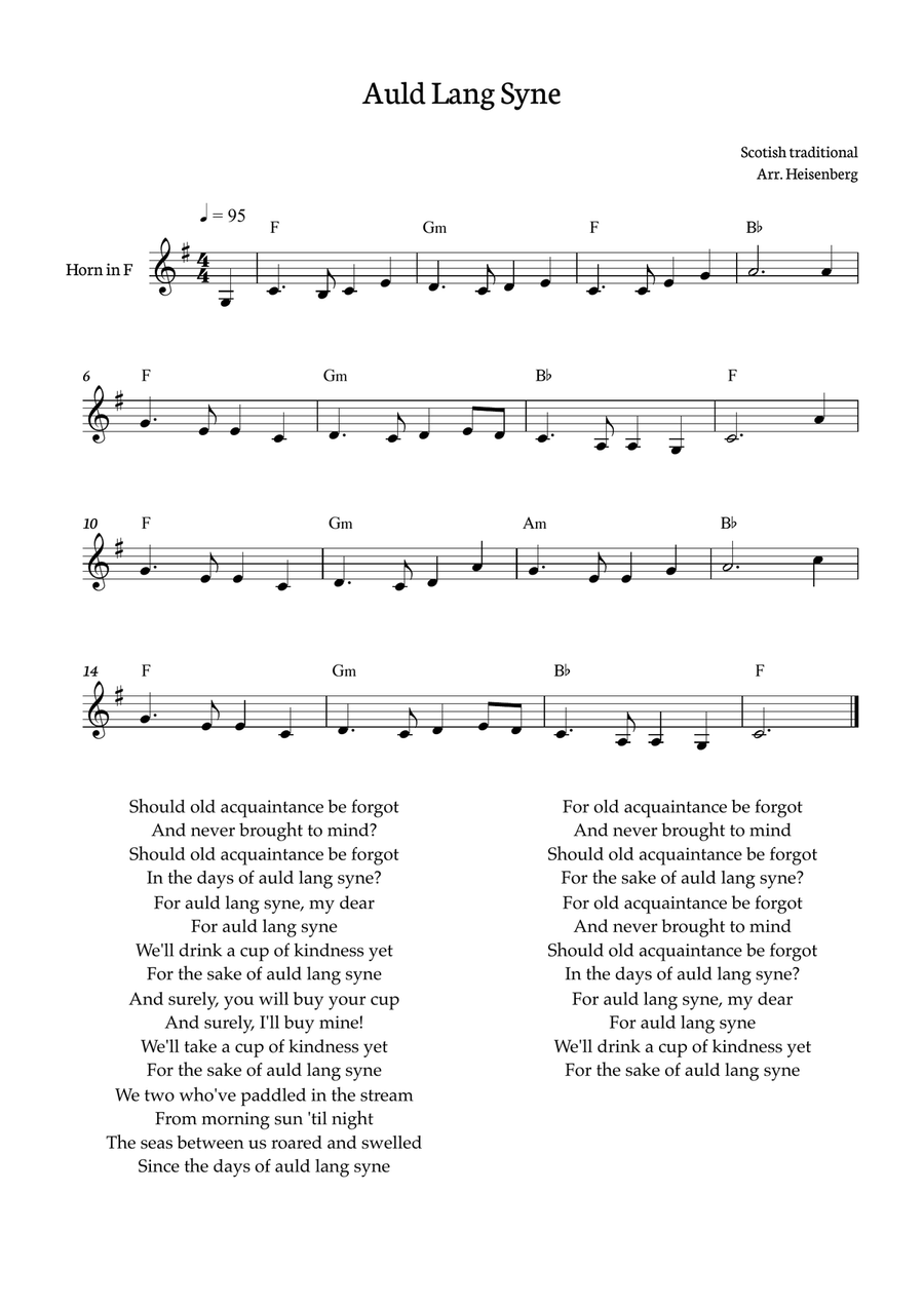 Auld Lang Syne for Horn with chords Horn Solo scores gallery preview page 1