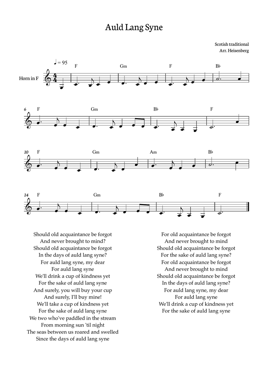 Auld Lang Syne for Horn (no key) with chords Horn Solo scores gallery preview page 1