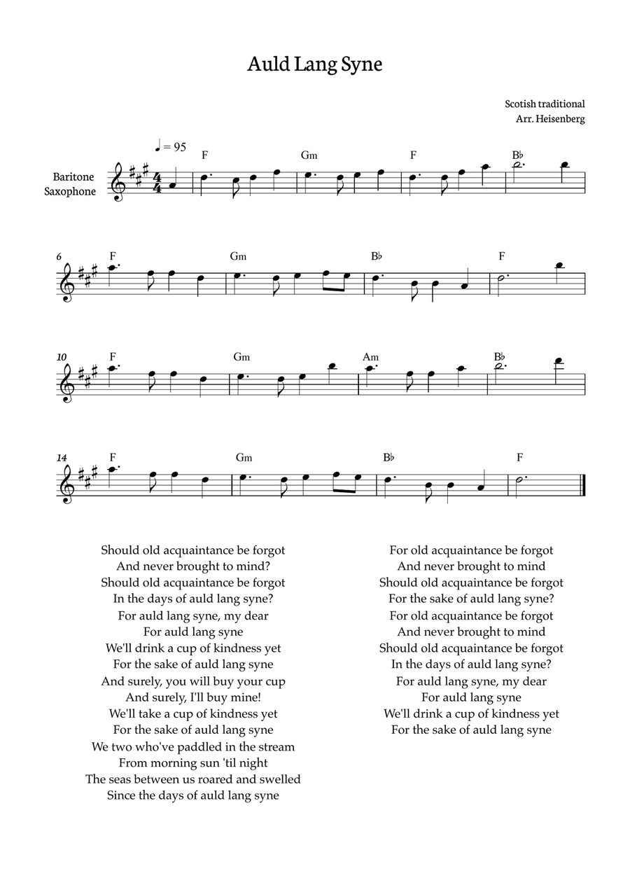Auld Lang Syne for Baritone saxophone with chords Baritone Saxophone scores gallery preview page 1