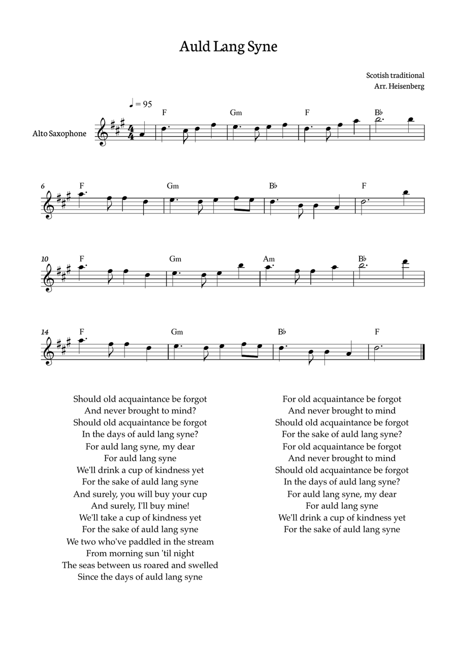 Auld Lang Syne for Alto saxophone with chords Alto Saxophone scores gallery preview page 1