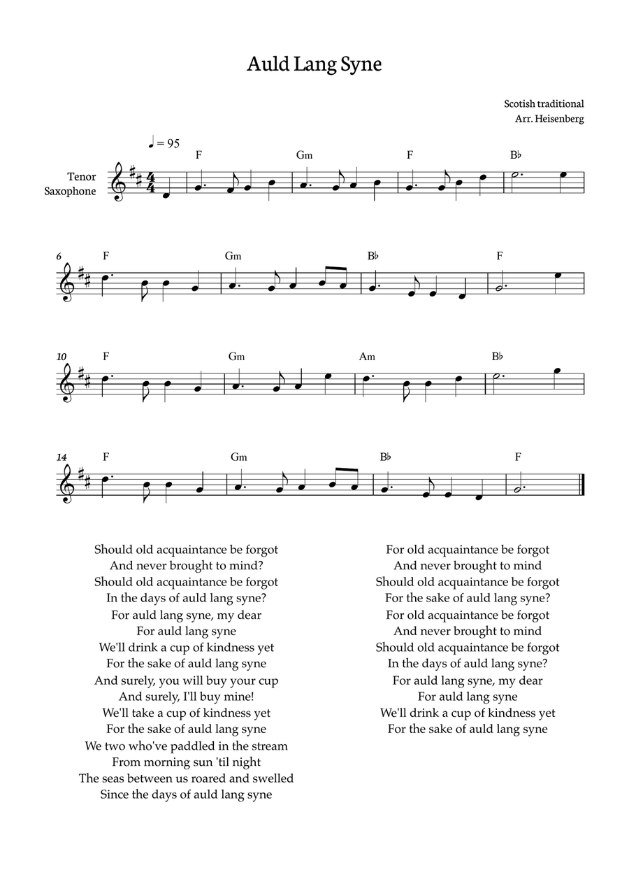 Auld Lang Syne for Tenor saxophone with chords Tenor Saxophone scores gallery preview page 1