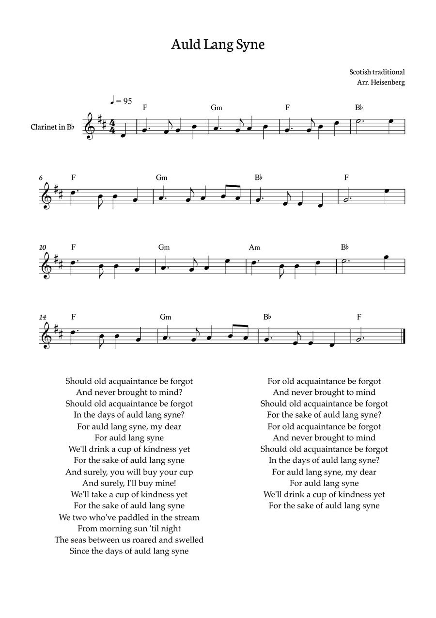 Auld Lang Syne for Clarinet with chords B-Flat Clarinet scores gallery preview page 1