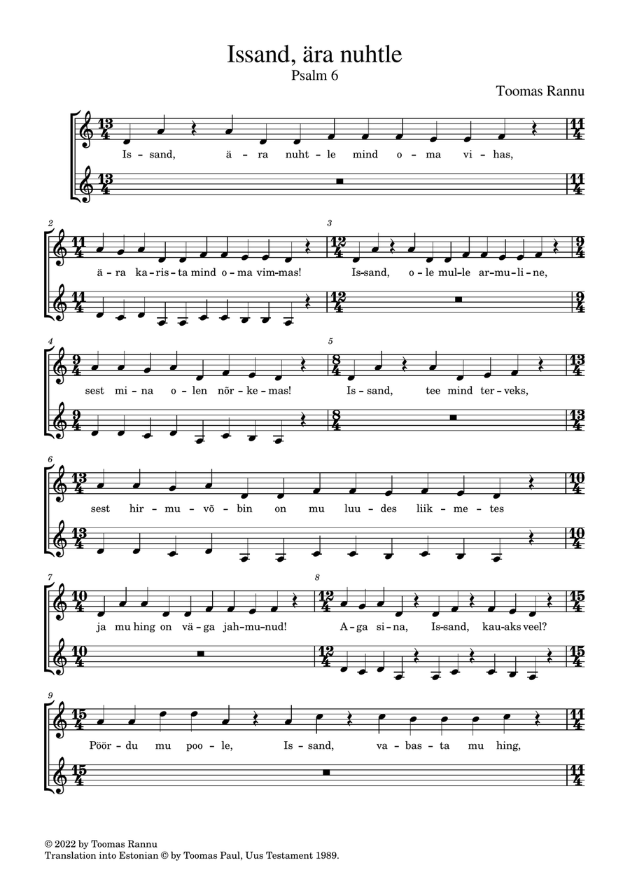 Issand, ära nuhtle (O Lord, rebuke me not), Psalm 6 2-Part scores gallery preview page 1
