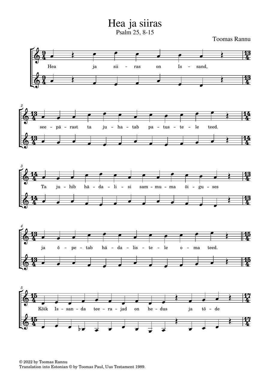 Hea ja siiras (Good and upright), Psalm 25, 8-15 2-Part scores gallery preview page 1