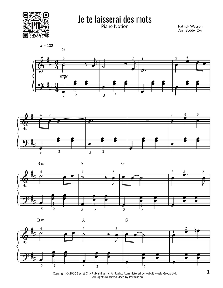 Je Te Laisserai Des Mots Je Te Laisserai Des Mots Easy Piano scores gallery preview page 1