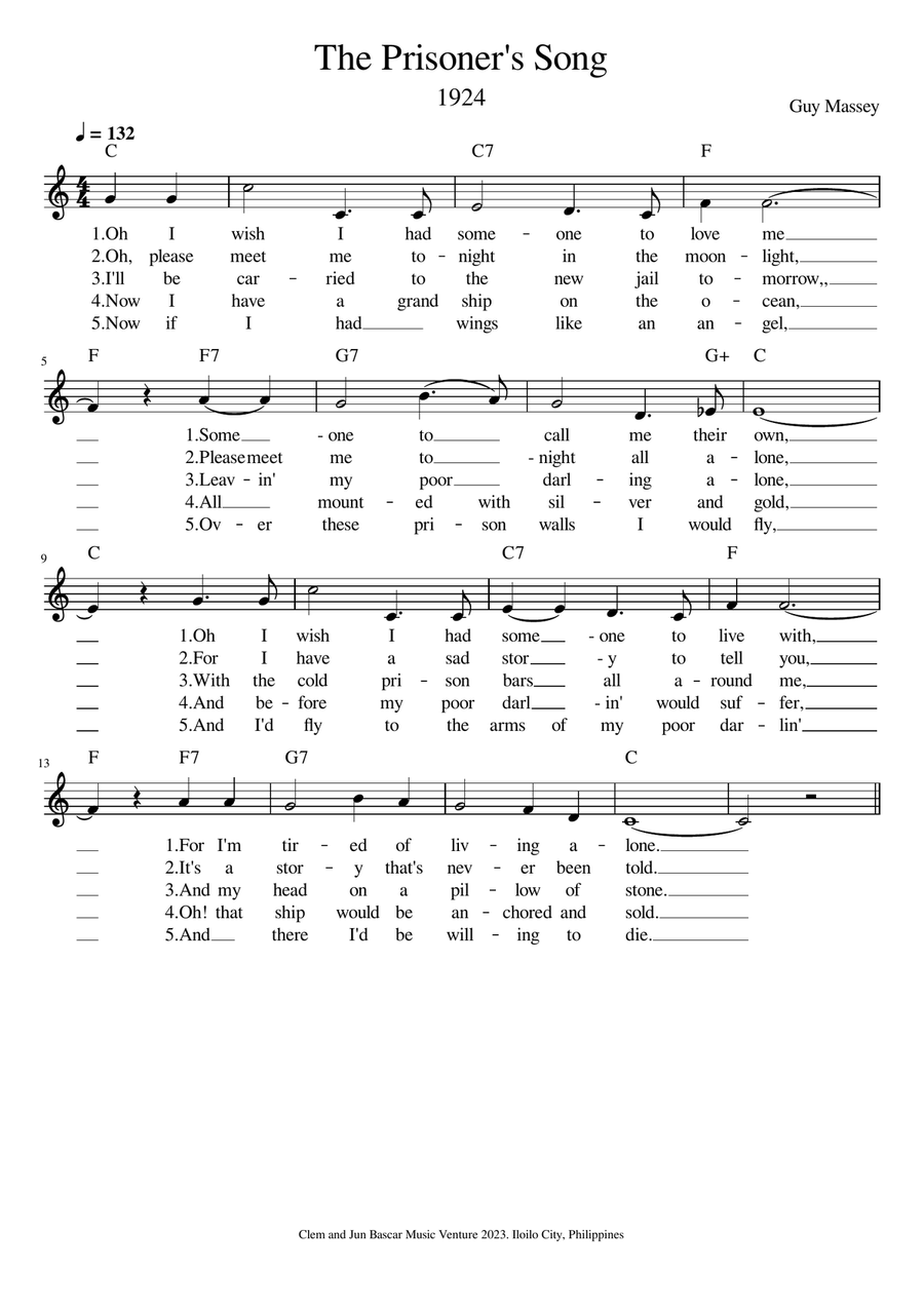 The Prisoner's Song (1924) A Cappella scores gallery preview page 1