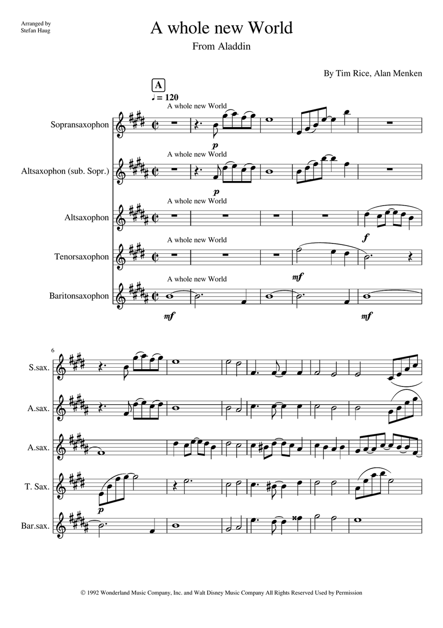 A Whole New World Saxophone Quartet scores gallery preview page 1