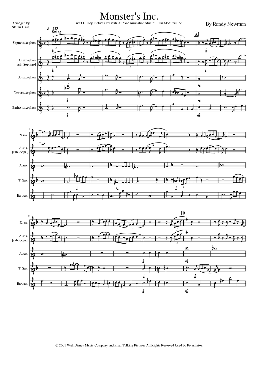 Monsters Inc. Monsters Inc. Saxophone Quartet scores gallery preview page 1