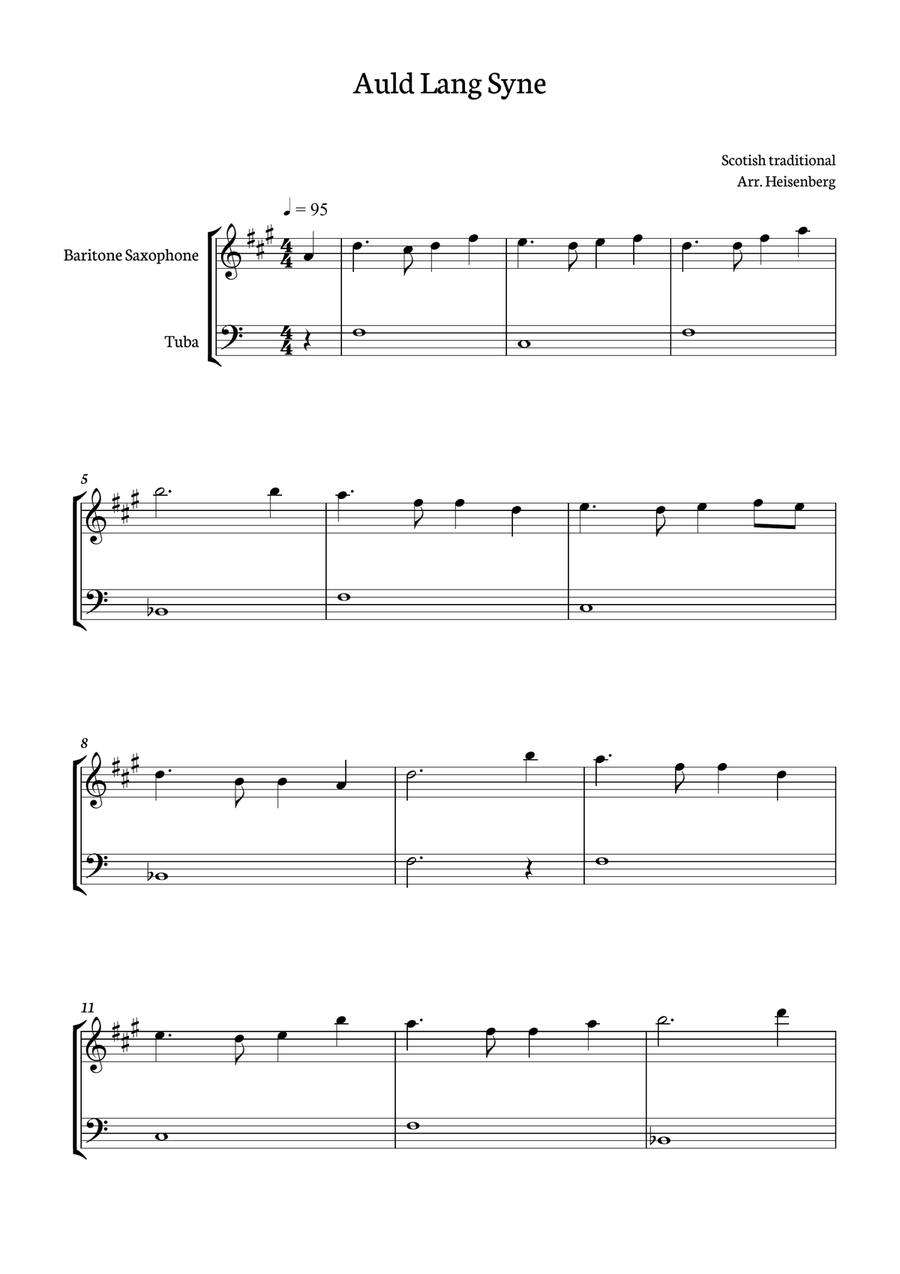 Auld Lang Syne for Baritone Sax and tuba duo Baritone Saxophone scores gallery preview page 1