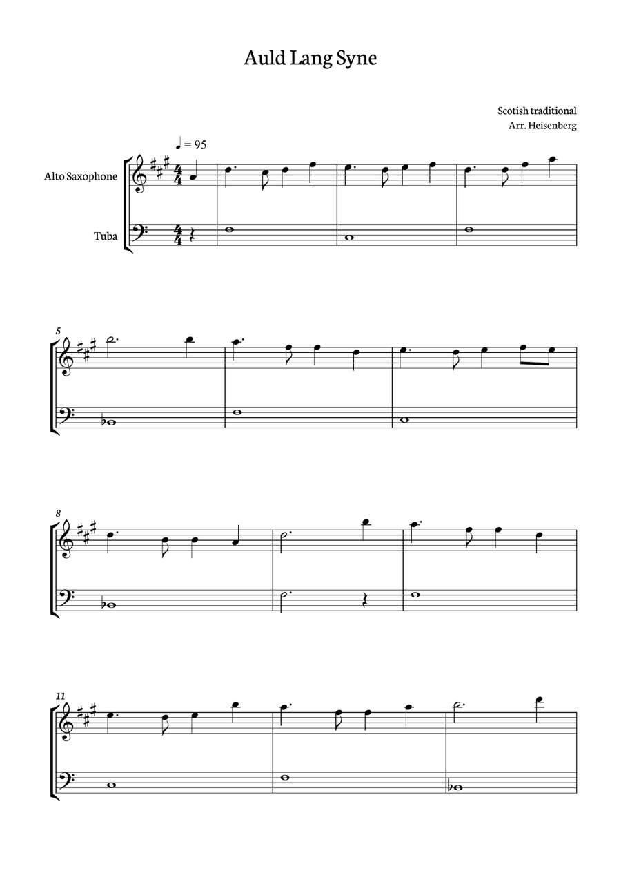 Auld Lang Syne for Alto Sax and tuba duo Alto Saxophone scores gallery preview page 1