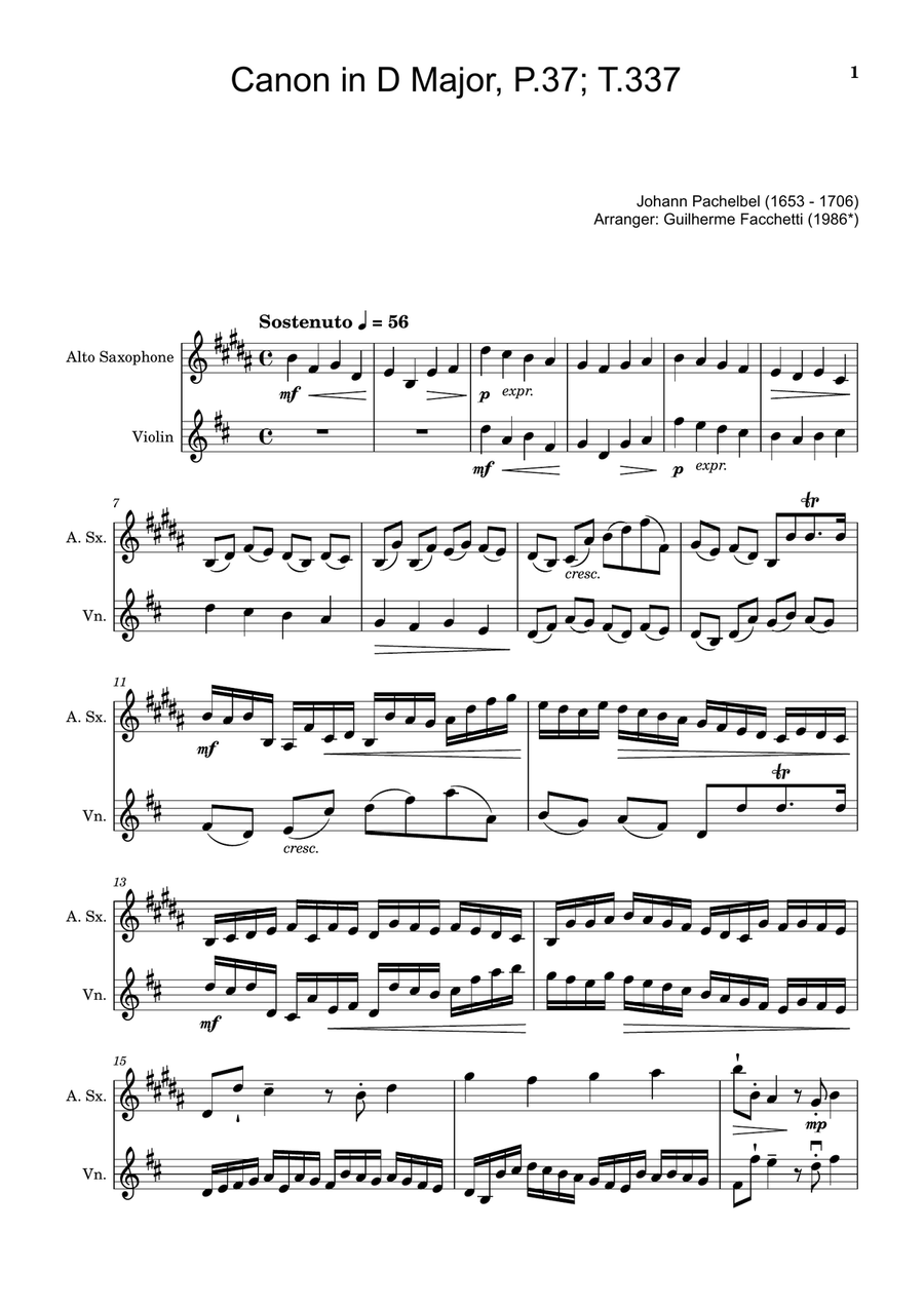 Canon in D Major, P.37; T.337. Arranged for Alto Saxophone and Violin Chamber Music scores gallery preview page 1
