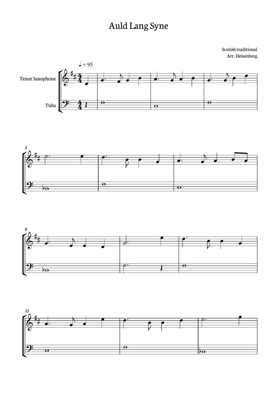 Auld Lang Syne for Tenor Sax and tuba duo Tenor Saxophone scores gallery preview page 1