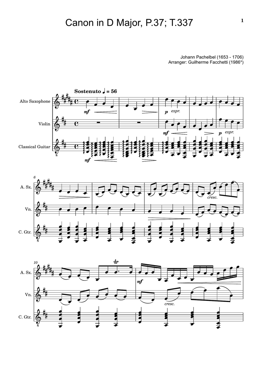 Canon in D Major, P.37; T.337. A. Sax, Violin, and Guitar. Score and Parts. Chamber Music scores gallery preview page 1