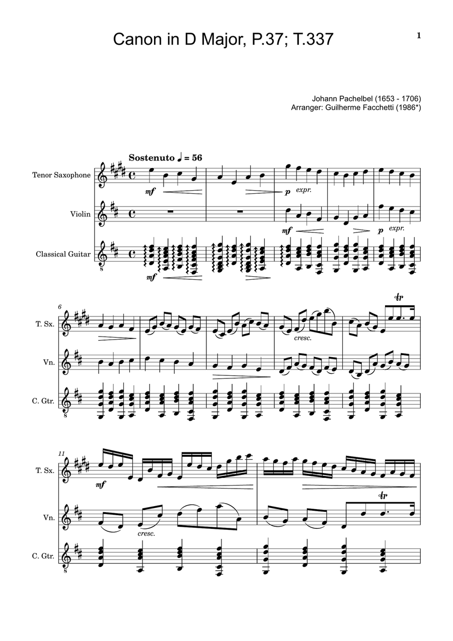 Canon in D Major, P.37; T.337. T. Sax, Violin, and Guitar. Score and Parts. Chamber Music scores gallery preview page 1