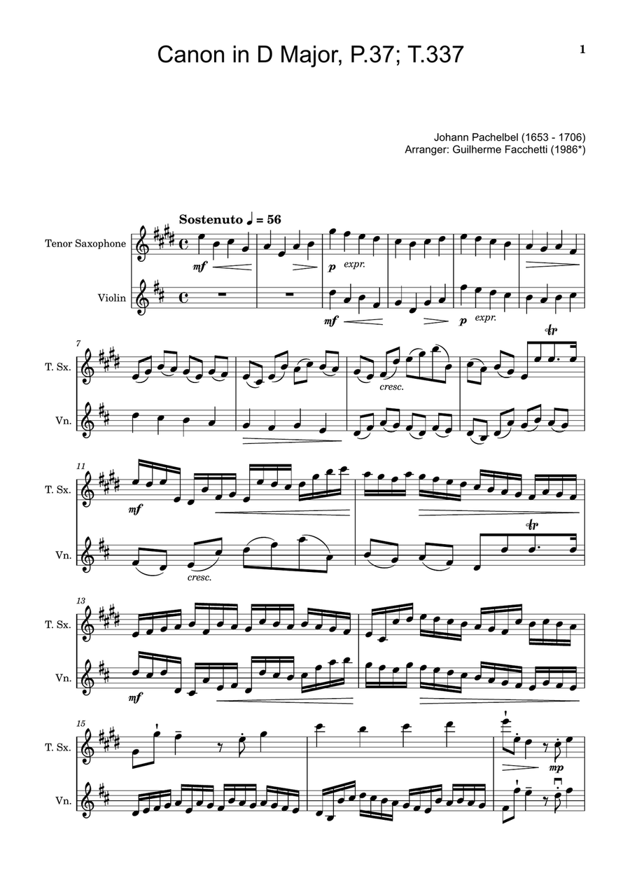 Canon in D Major, P.37; T.337. Arranged for Tenor Saxophone and Violin Chamber Music scores gallery preview page 1