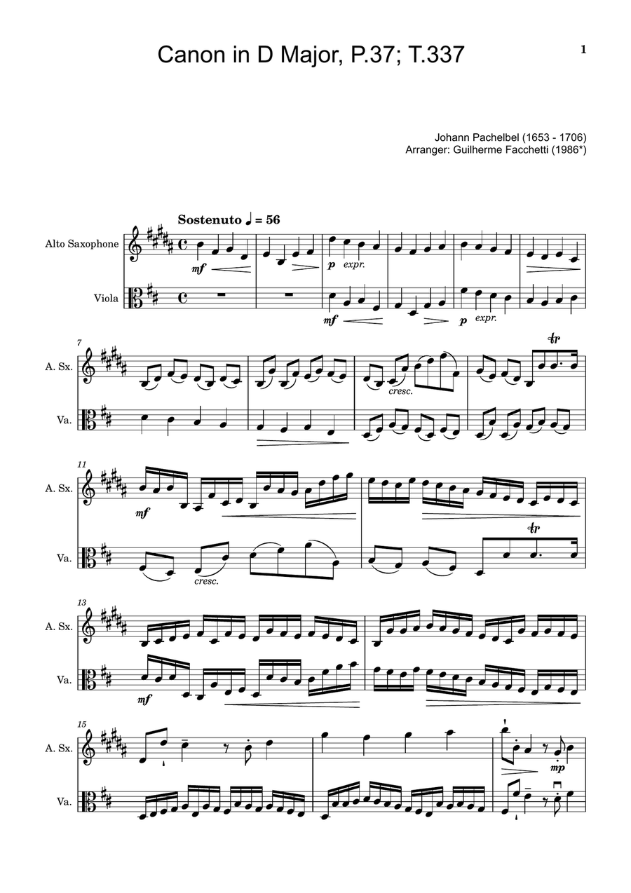 Canon in D Major, P.37; T.337. Arranged for Alto Saxophone and Viola Chamber Music scores gallery preview page 1