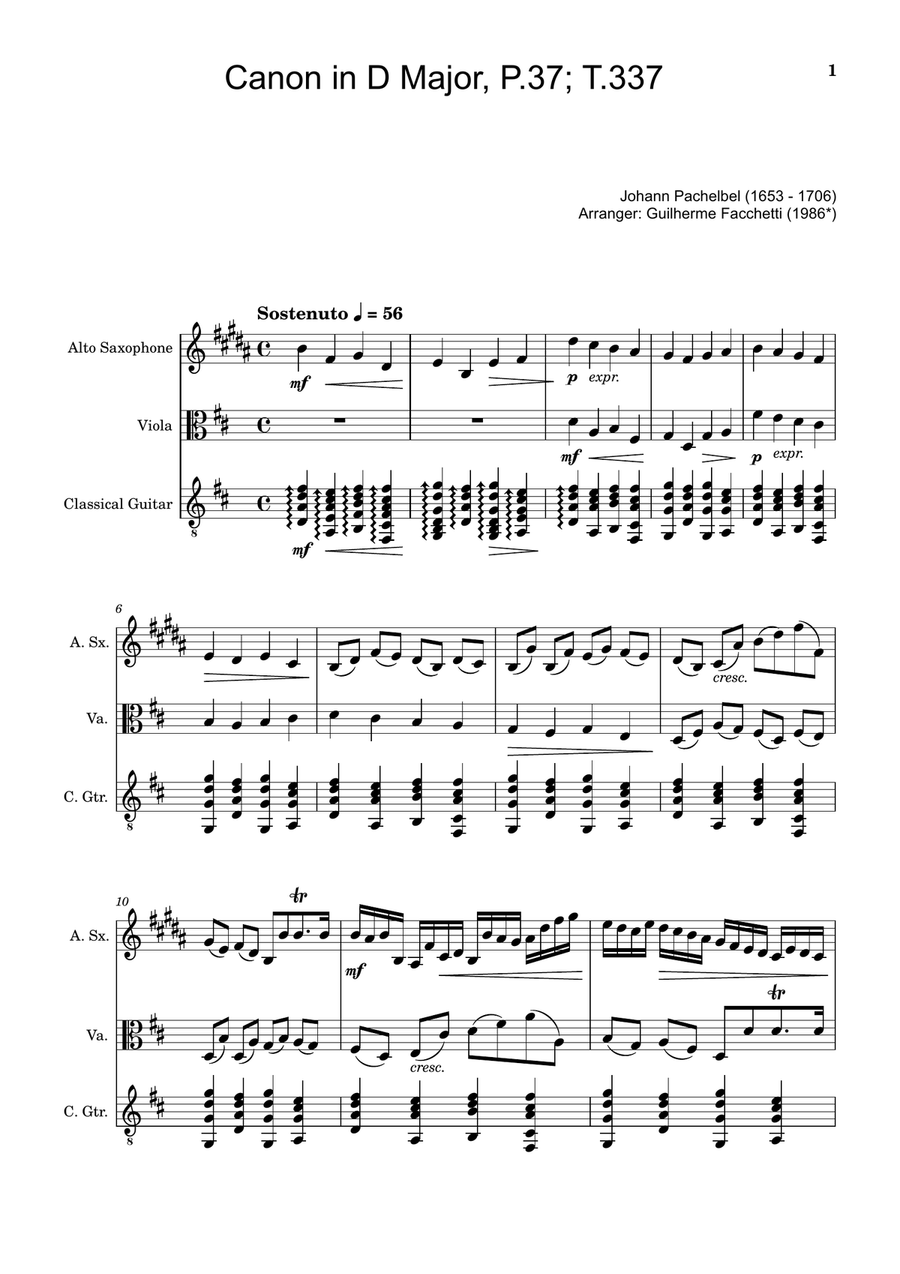 Canon in D Major, P.37; T.337. A. Sax, Viola, and Guitar. Score and Parts. Chamber Music scores gallery preview page 1