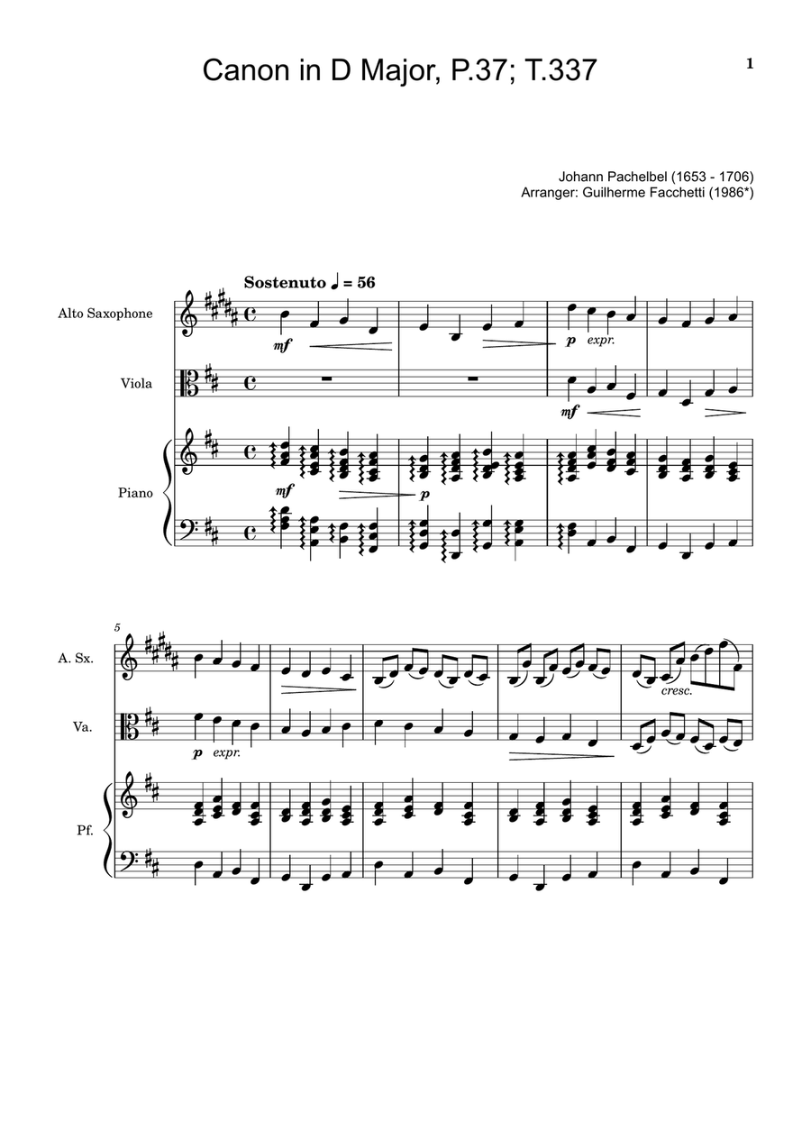 Canon in D Major, P.37; T.337. A. Sax, Viola, and Piano. Score and Parts. Chamber Music scores gallery preview page 1