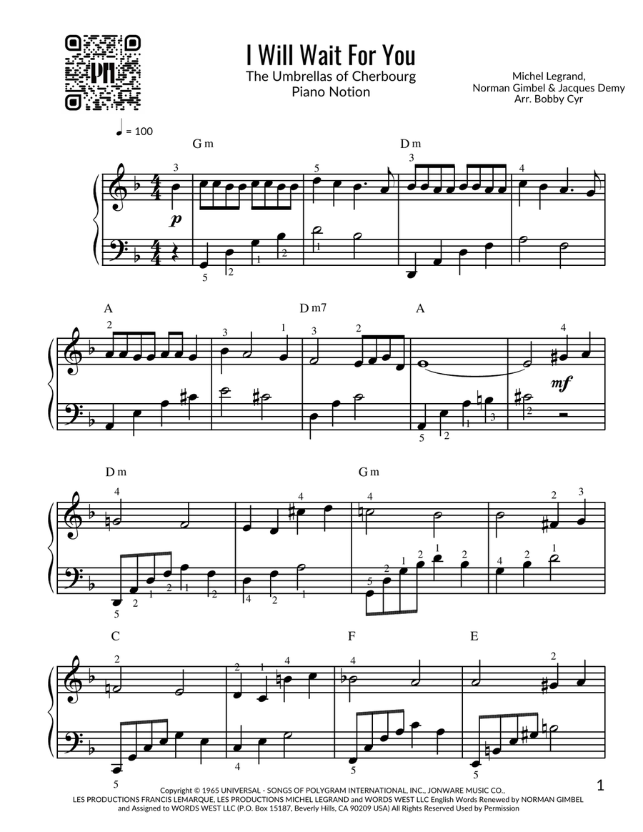 I Will Wait For You I Will Wait For You Easy Piano scores gallery preview page 1