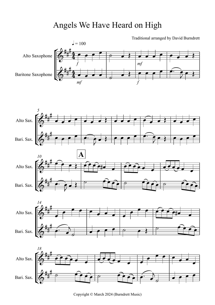 Angels We Have Heard on High for Alto and Baritone Saxophone Duet Woodwind Duet scores gallery preview page 1