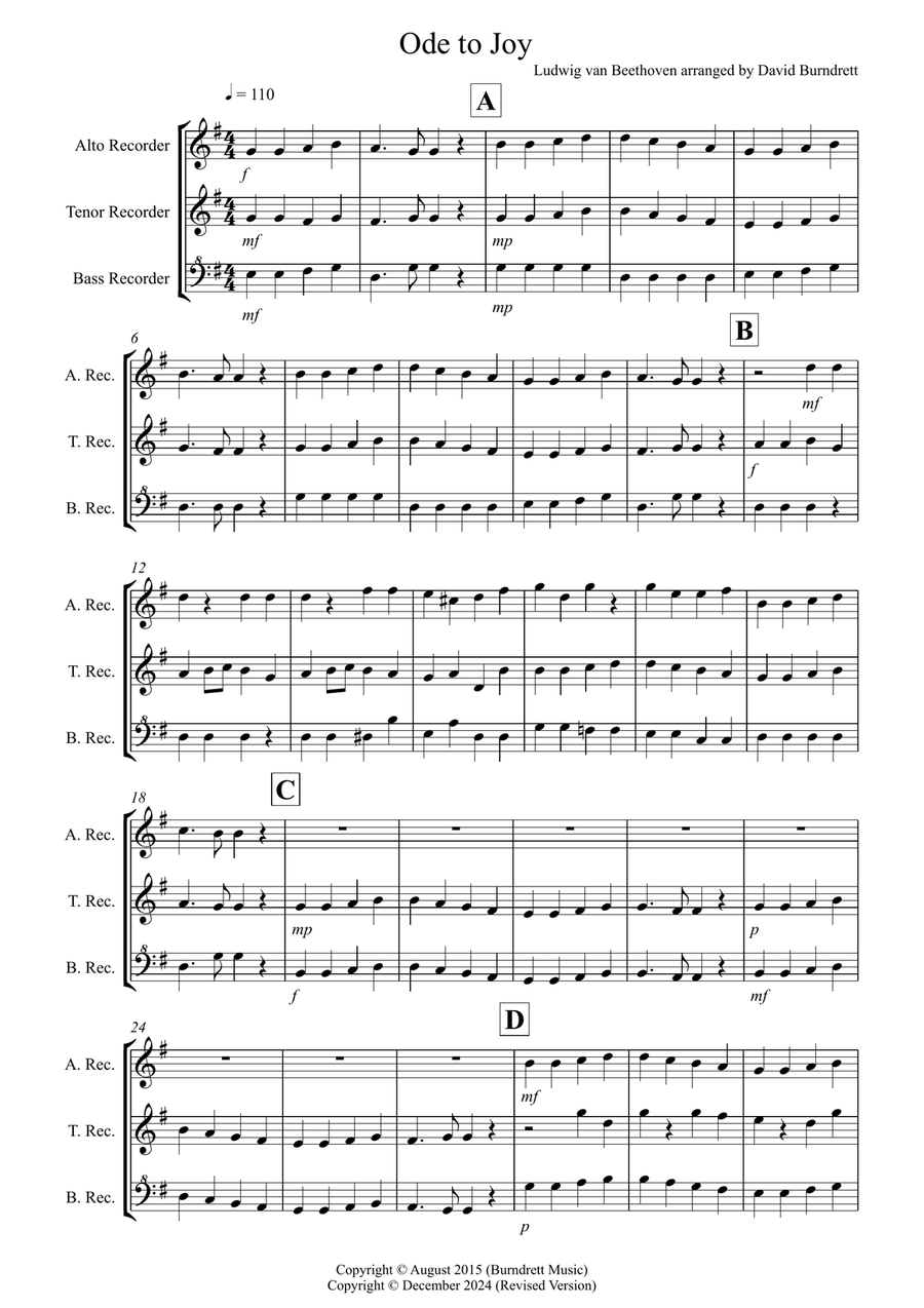 Ode to Joy for Alto, Tenor and Bass Recorder Trio Small Ensemble scores gallery preview page 1