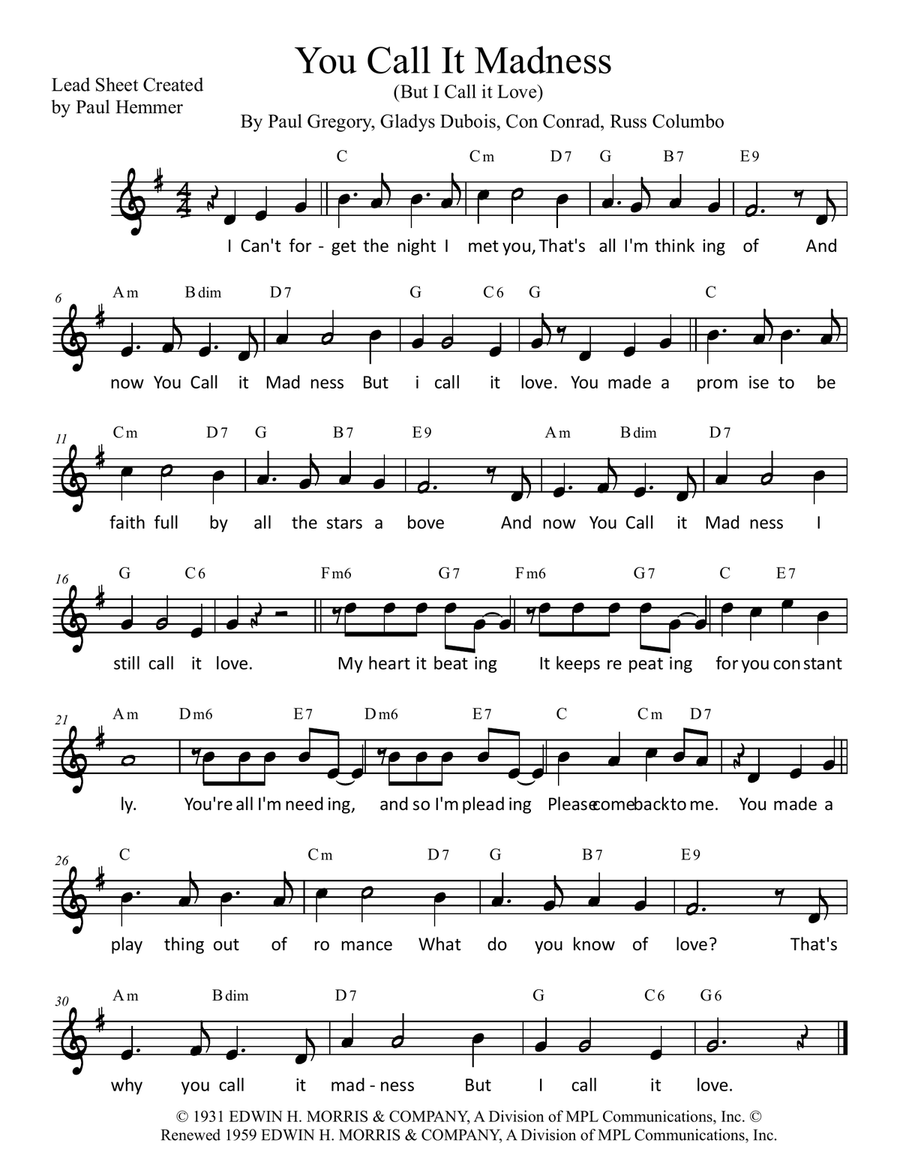 You Call It Madness (But I Call It Love) Piano scores gallery preview page 1