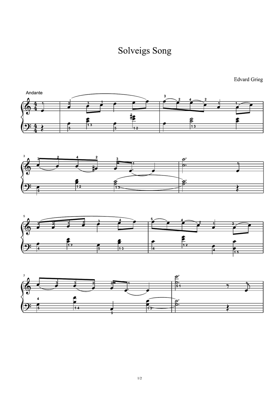 Solveigs Song - Edvard Grieg Piano Solo scores gallery preview page 1