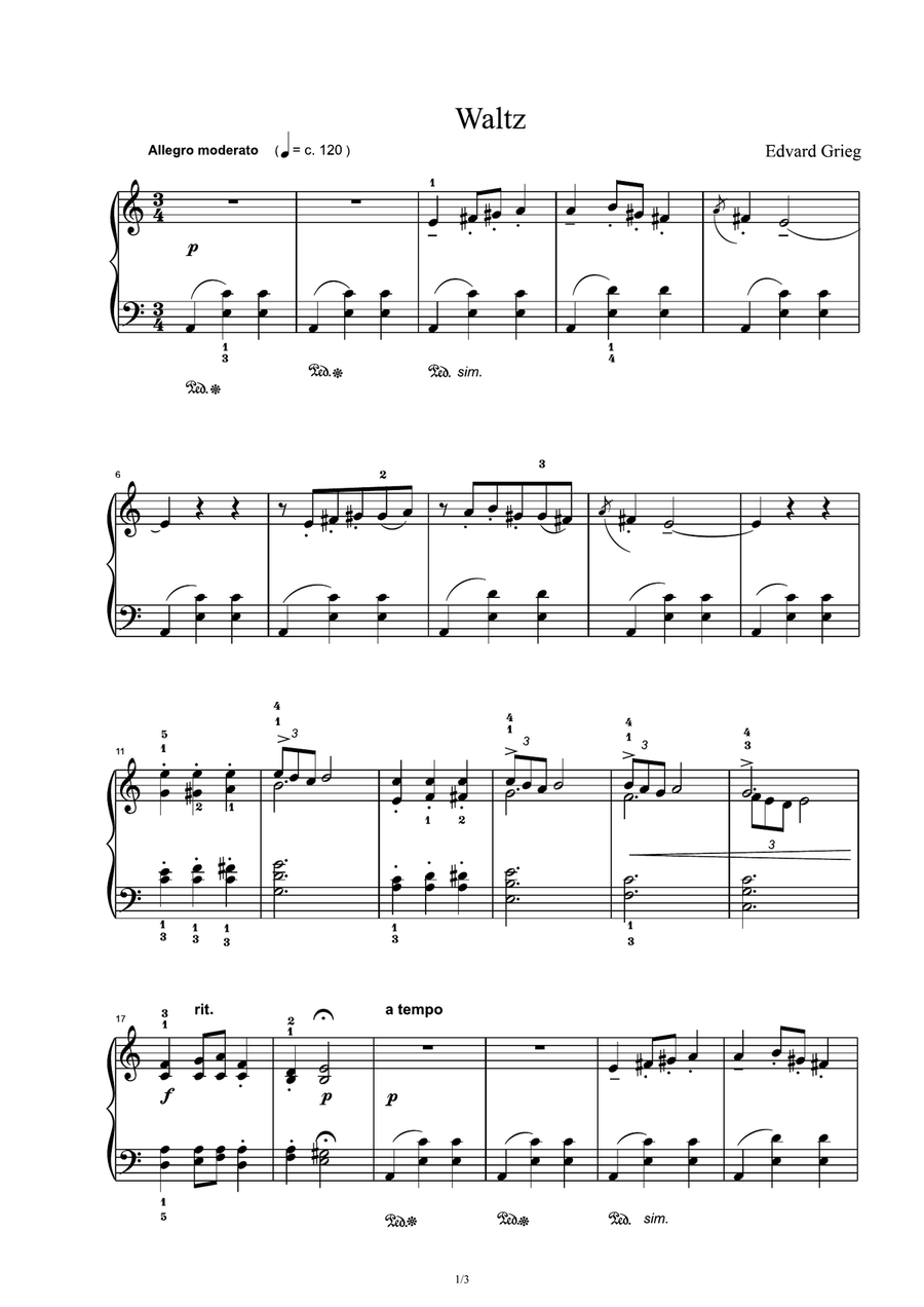 Waltz - Edvard Grieg Waltz - Edvard Grieg Piano Solo scores gallery preview page 1