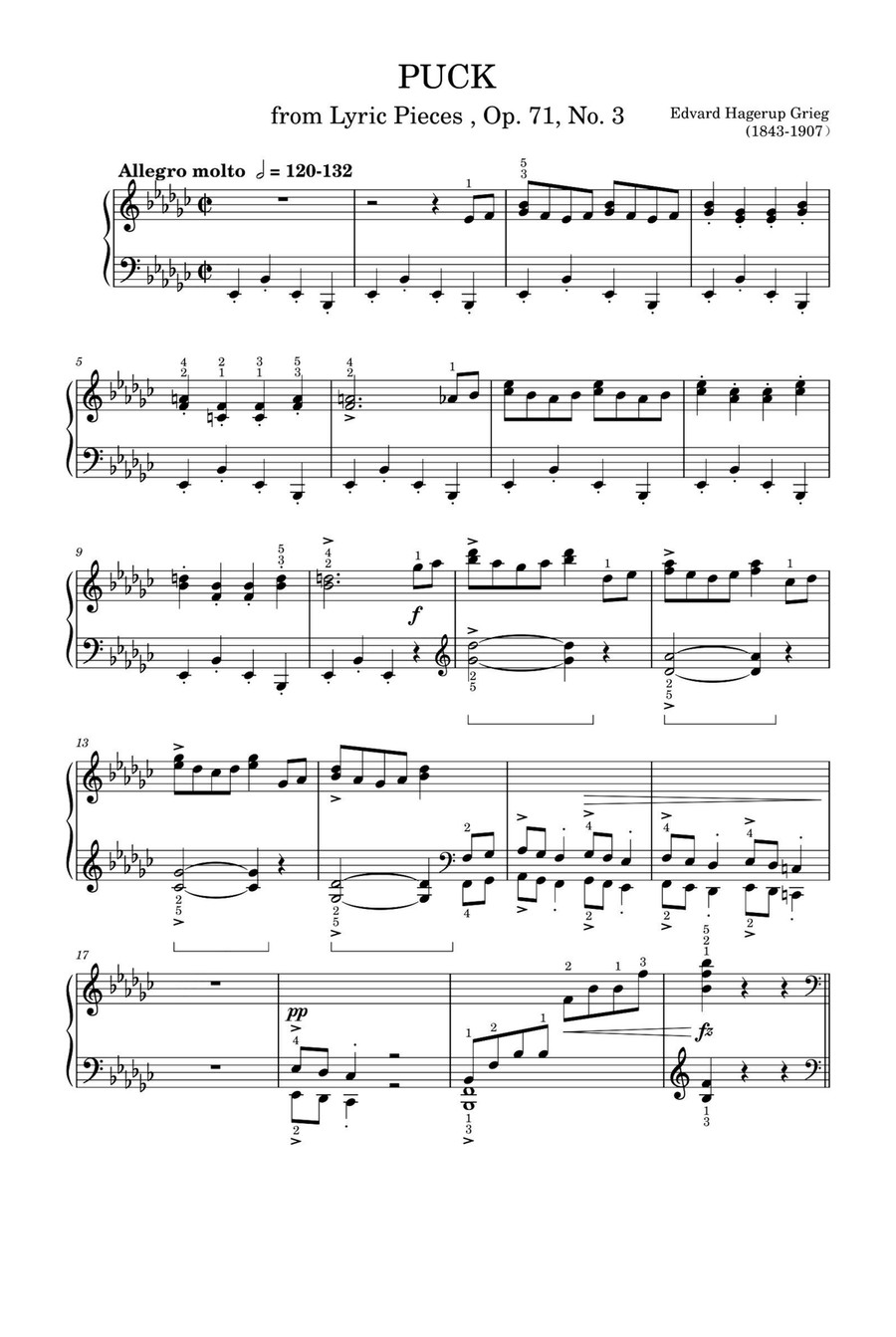 Puck Op.71,No.3 - Edvard Grieg Piano Solo scores gallery preview page 1