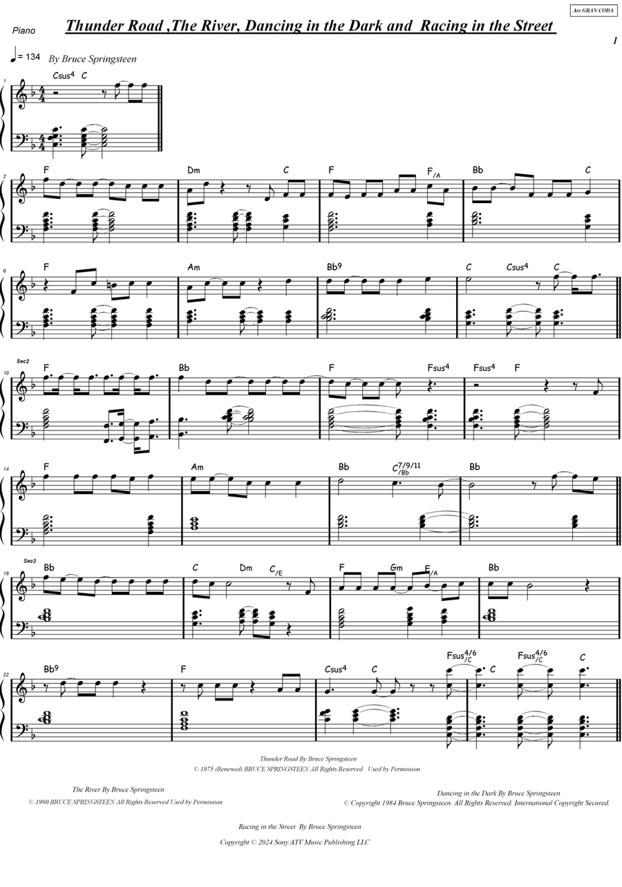 Medley: Thunder Road with The River, Dancing In The Dark, and Racing In The Street Piano Solo scores gallery preview page 1