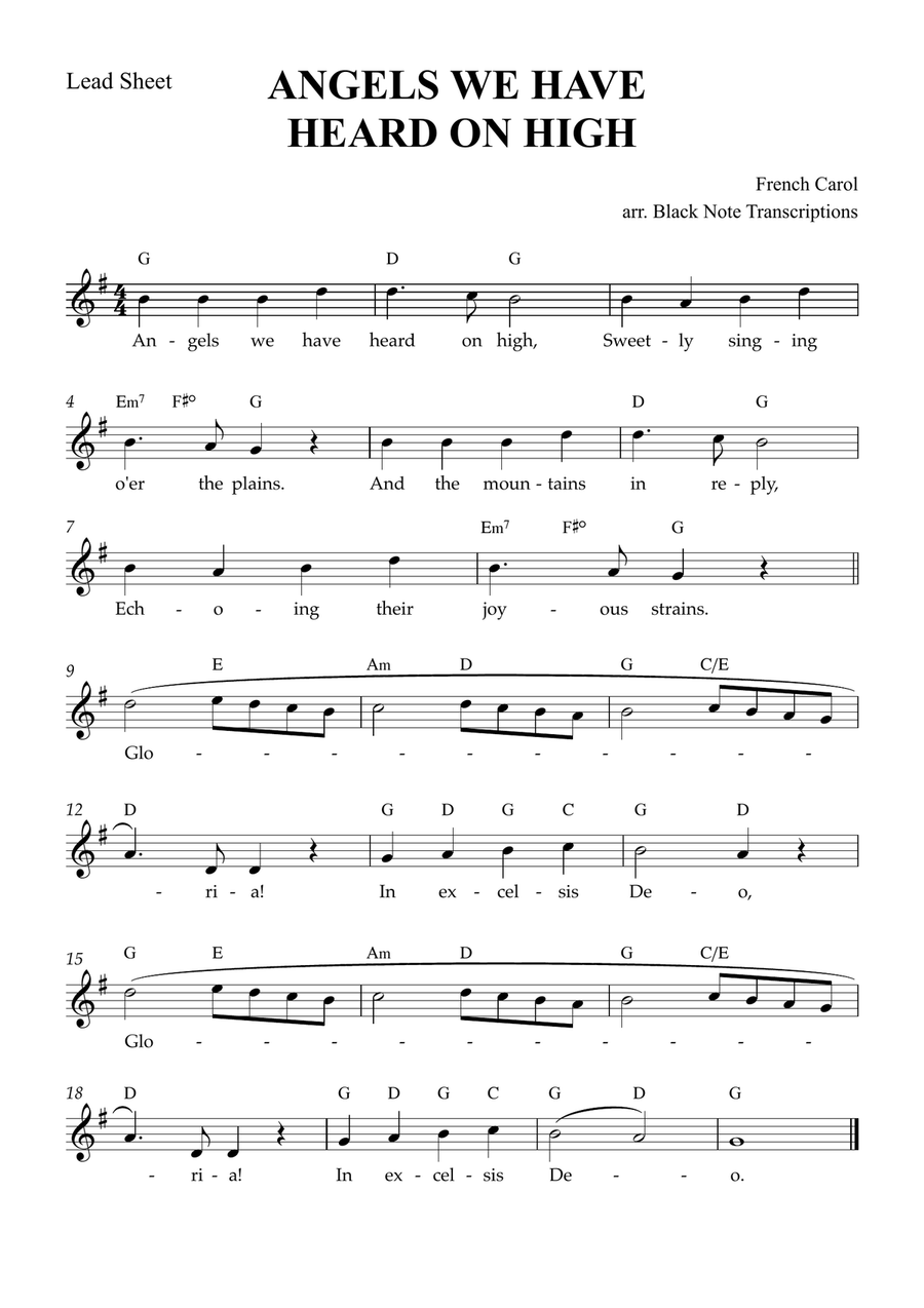 Angels We Have Heard on High (Lead Sheet in G Major Piano scores gallery preview page 1