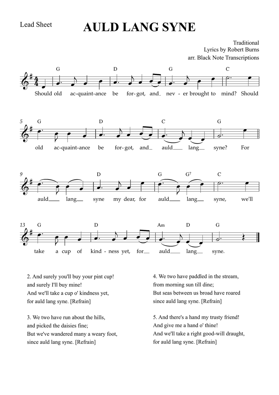 Auld Lang Syne (Lead Sheet in G Major) Piano scores gallery preview page 1