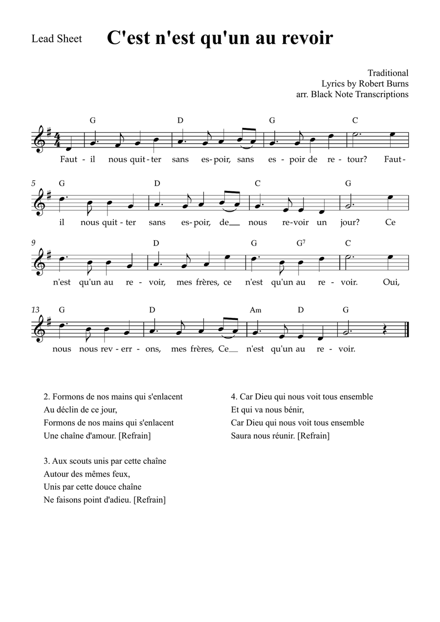 Ce n'est qu'un au revoir (Auld Lang Syne French) ( Lead Sheet in G Major) Piano scores gallery preview page 1
