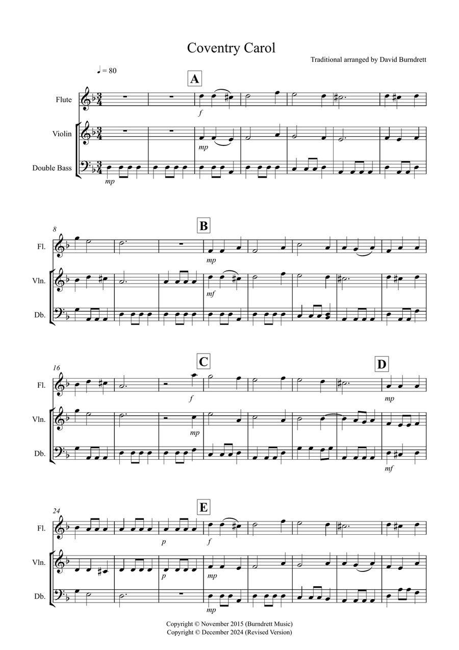 Coventry Carol for Flute, Violin and Double Bass Small Ensemble scores gallery preview page 1