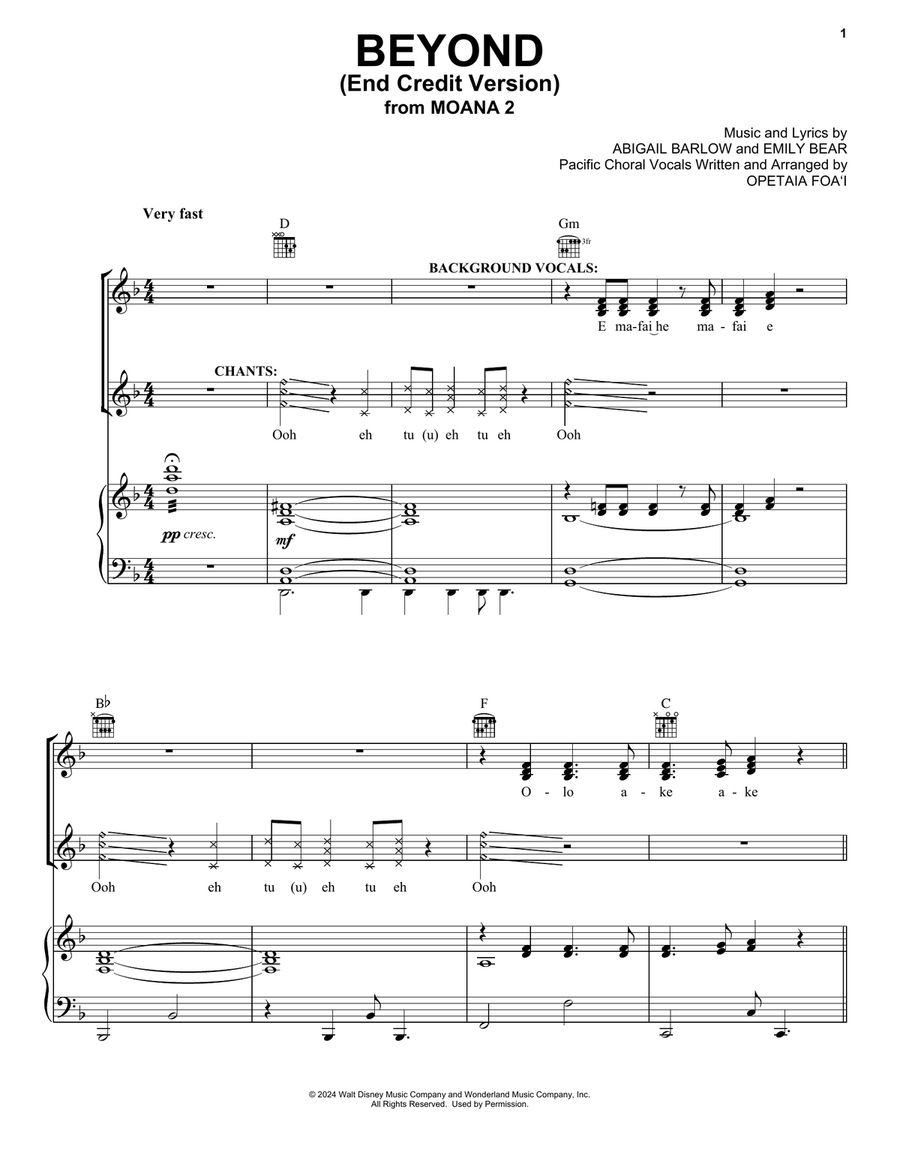 Beyond (End Credit Version) (from Moana 2) Piano, Vocal, Guitar scores gallery preview page 1