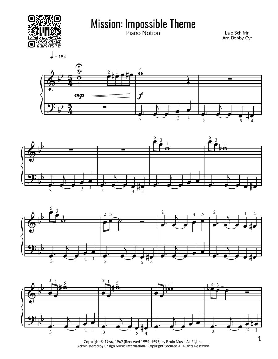 Mission: Impossible Theme Easy Piano scores gallery preview page 1