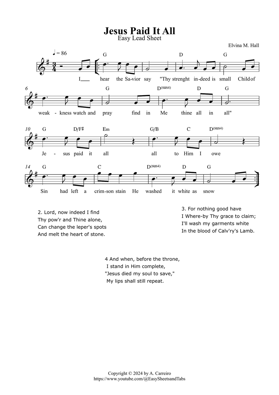 Jesus Paid It All - Easy Lead Sheet ( G major) Piano scores gallery preview page 1