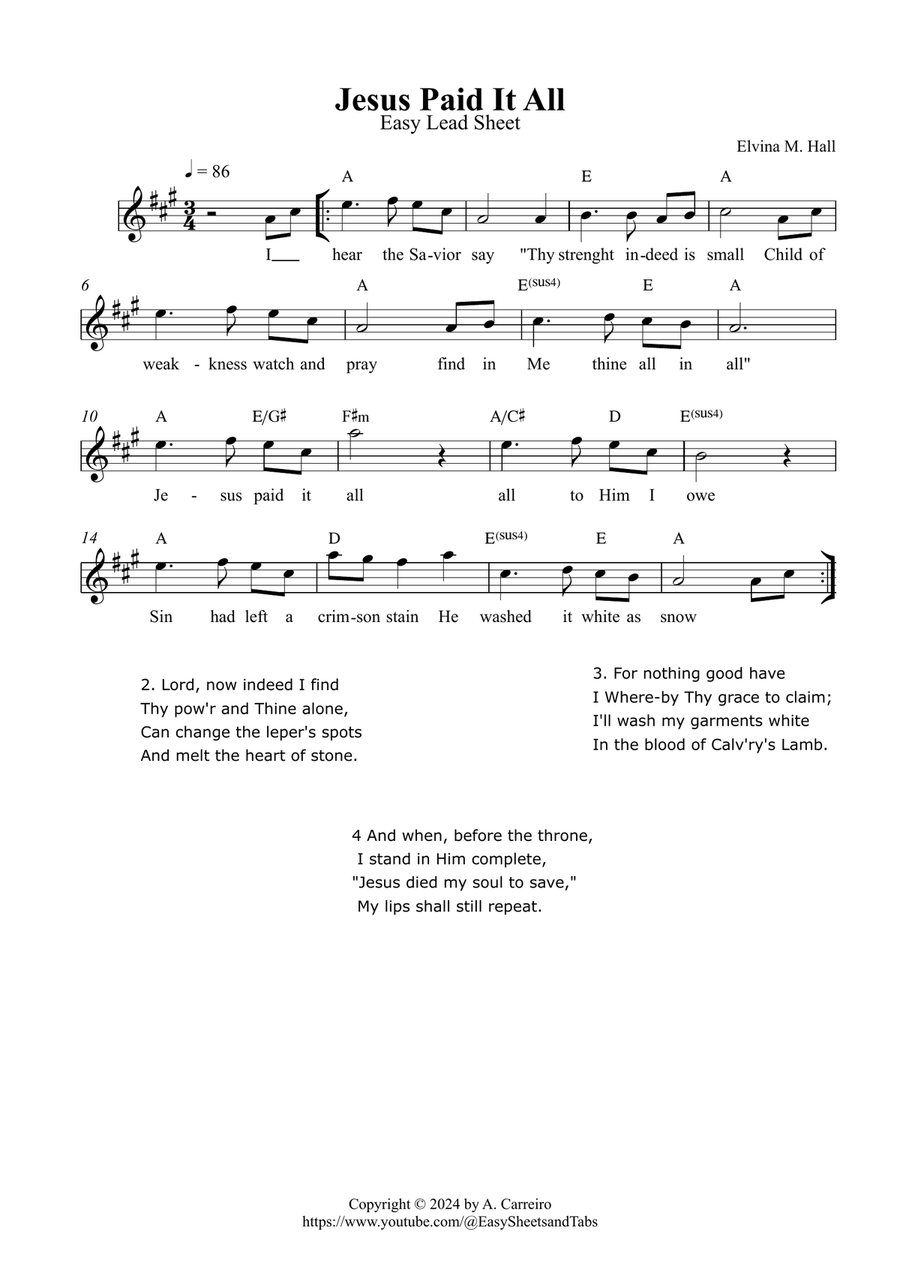 Jesus Paid It All - Easy Lead Sheet ( A major) Piano scores gallery preview page 1
