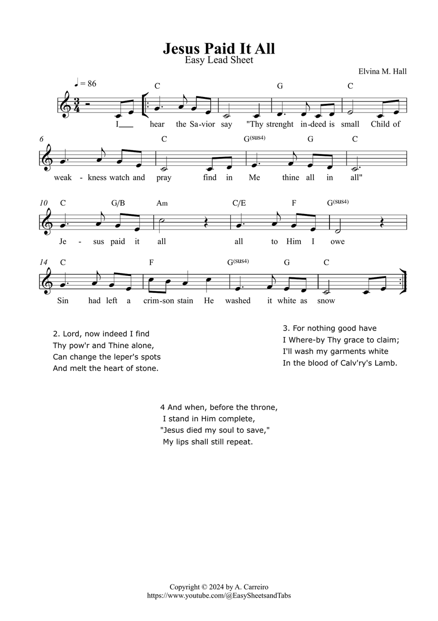 Jesus Paid It All - Easy Lead Sheet ( C major) Piano scores gallery preview page 1