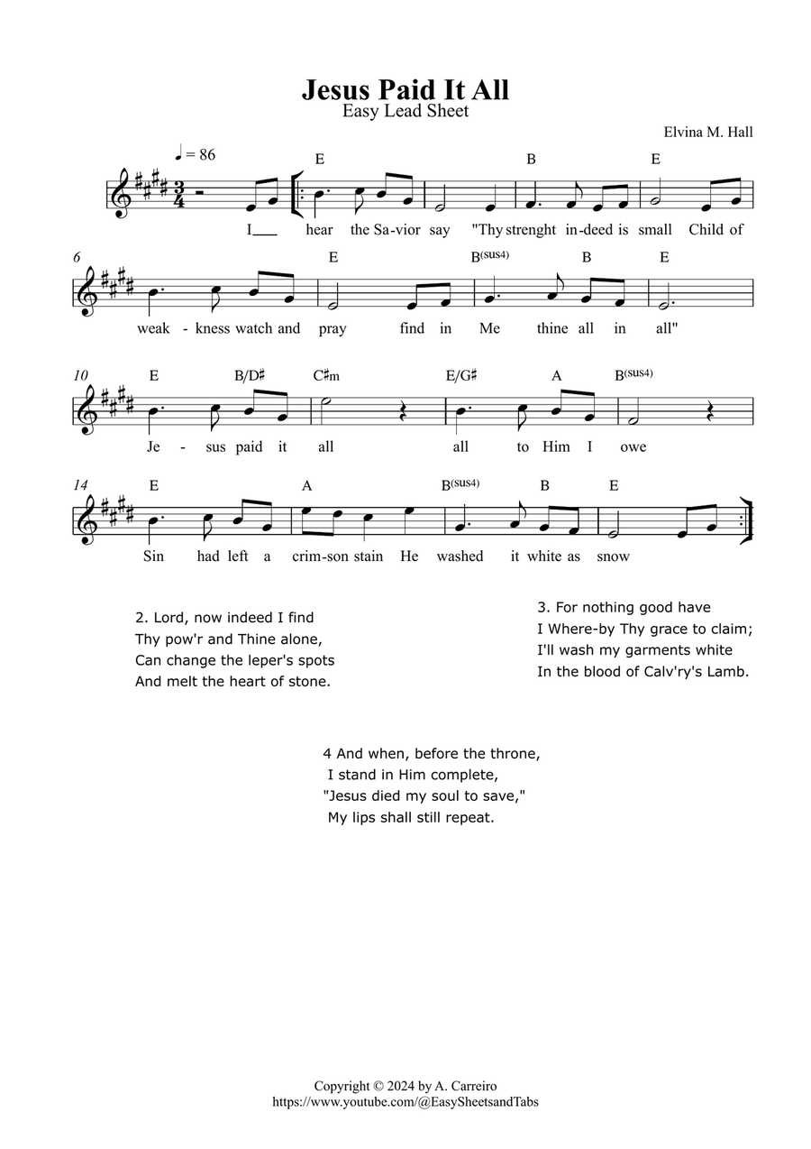 Jesus Paid It All - Easy Lead Sheet ( E major) Piano scores gallery preview page 1